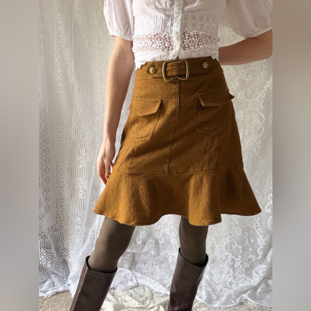 Vintage Inspired Mustard Wool Cargo Mini Skirt Buckle Flounce Hem - Picture 2 of 12